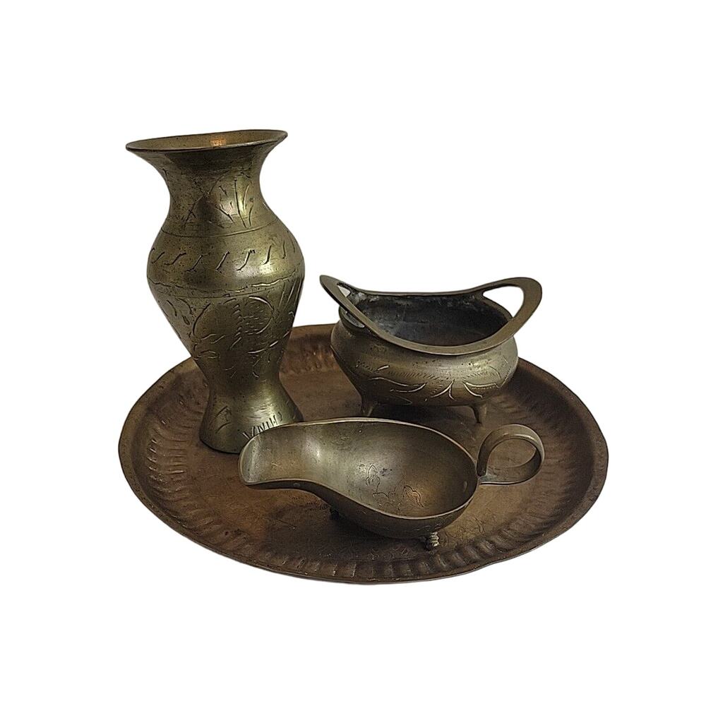 Lot of 4 Etched Engraved‎ Brass Censer Tripod, Gravy Boat, Vase & Serving Tray